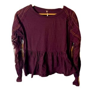 Free People Penny Embellished Lace Floral Sleeve Top Size Small Maroon Red